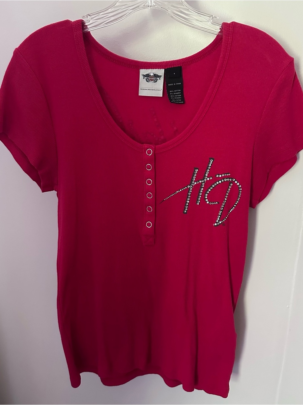 Harley-Davidson Red Short Sleeve Henley with Rhinestone HD Accent